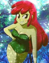 Size: 720x929 | Tagged: safe, artist:the-butch-x, derpibooru import, apple bloom, human, equestria girls, apple bloomed, bare shoulders, blushing, breasts, cleavage, clothes, commission, cosplay, costume, crossover, dc comics, female, forest, grin, leotard, looking at you, older, older apple bloom, poison ivy, sexy, sleeveless, smiling, smiling at you, solo, strapless