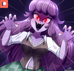 Size: 2050x1950 | Tagged: safe, artist:the-butch-x, derpibooru import, cheerilee, human, undead, vampire, equestria girls, belly button, breasts, chestilee, claws, cleavage, clothes, drool, fangs, female, looking at you, open mouth, open smile, patreon, patreon logo, red eyes, smiling, smiling at you, solo