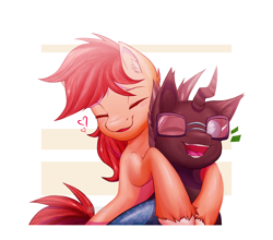 Size: 2500x2200 | Tagged: safe, artist:imalehlg, derpibooru import, oc, oc only, oc:cottonwood kindle, oc:tarsi, changeling, earth pony, pony, changeling oc, commission, duo, duo male, earth pony oc, glasses, heart, hug, male, smiling, stallion, ych result