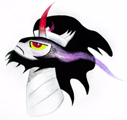 Size: 3059x2883 | Tagged: safe, artist:count oxymagomedov sear, derpibooru import, king sombra, pony, unicorn, beard, bust, facial hair, glowing, glowing eyes, horn, male, simple background, solo, stallion, the crystal empire 10th anniversary, traditional art, white background