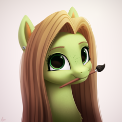 Size: 1000x1000 | Tagged: safe, artist:luminousdazzle, derpibooru import, oc, oc only, oc:lumina, pegasus, pony, brush, bust, digital art, ear piercing, female, freckles, long mane, looking at you, mare, mouth hold, paintbrush, pegasus oc, piercing, portrait, profile picture, signature, simple background, smiling, smiling at you, solo, white background