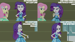 Size: 4400x2475 | Tagged: safe, derpibooru import, edit, edited screencap, editor:quoterific, screencap, fluttershy, rarity, equestria girls, blooper, breaking the fourth wall, complaining, duo, duo female, eyeshadow, female, friendship games bloopers, grin, gritted teeth, laughing, makeup, open mouth, smiling, snickering, teeth