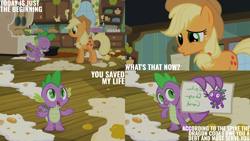 Size: 4400x2475 | Tagged: safe, derpibooru import, edit, edited screencap, editor:quoterific, screencap, applejack, spike, dragon, earth pony, pony, spike at your service, applejack's hat, bowing, card, clothes, confused, cowboy hat, dialogue, doodle, dragon code, drawing, female, freckles, frown, grateful, gratitude, hat, kitchen, male, mare, messy, open mouth, open smile, quote, smiling, text