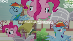 Size: 4400x2475 | Tagged: safe, derpibooru import, edit, edited screencap, editor:quoterific, screencap, pinkie pie, rainbow dash, earth pony, pegasus, pony, daring done?, duo, duo female, female, frown, grin, implied parasprite, implied parasprites, mare, newspaper, open mouth, open smile, rainbow dash is not amused, raised hoof, raised leg, smiling, spread wings, unamused, uninterested, wings