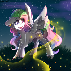 Size: 1780x1780 | Tagged: safe, artist:yuris, derpibooru import, oc, oc only, oc:marshmallow thrasher, pegasus, pony, commission, ears back, female, field, grass, grass field, night, open mouth, slim, solo, spread wings, wings, ych result