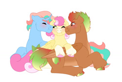 Size: 1280x854 | Tagged: safe, artist:itstechtock, derpibooru import, oc, oc:hocus pocus summer solstice, oc:pazazz apple, oc:water lily, hybrid, pegasus, pony, unicorn, female, interspecies offspring, lying down, magical lesbian spawn, male, mare, offspring, parent:applejack, parent:autumn blaze, parent:lily valley, parent:roseluck, parent:sunset shimmer, parent:trixie, parents:autumnjack, parents:suntrix, prone, simple background, stallion, white background