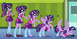 Size: 2249x1140 | Tagged: safe, artist:anonymous, derpibooru import, sci-twi, twilight sparkle, alicorn, human, pony, equestria girls, canterlot high, clothes, eyes closed, female, glasses, gritted teeth, human to pony, lockers, open mouth, sci-twi outfits, scitwilicorn, socks, solo, species swap, spread wings, stocking feet, teeth, torn clothes, transformation, transformation sequence, wings