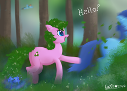 Size: 3500x2500 | Tagged: safe, artist:lafie, derpibooru import, rainbow dash, oc, earth pony, pegasus, pony, detailed background, duo, forest, grass, happy, nature, poison joke