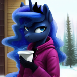 Size: 1024x1024 | Tagged: safe, derpibooru import, editor:dovakkins, generator:purplesmart.ai, generator:stable diffusion, machine learning generated, princess luna, alicorn, anthro, beautiful, clothes, crown, cup, female, forest background, gloves, jacket, jewelry, mare, regalia, smiling, snow, solo, winter