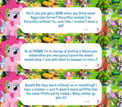 Size: 2048x1800 | Tagged: safe, derpibooru import, fluttershy, pinkie pie, earth pony, pony, dialogue, english, event, female, gameloft, mare, official, solo focus, speech bubble, text