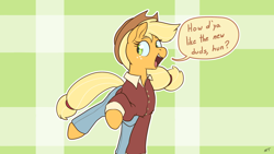 Size: 1920x1080 | Tagged: safe, artist:storyteller, derpibooru import, applejack, earth pony, pony, clothes, cute, denim, dialogue, female, jackabetes, jeans, mare, pants, pose, shirt, smiling, speech bubble, talking to viewer