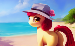 Size: 2080x1280 | Tagged: safe, derpibooru import, generator:stable diffusion, machine learning generated, apple bloom, earth pony, pony, beach, blank flank, bloom butt, butt, dock, female, filly, foal, hat, looking at you, looking back, looking back at you, smiling, solo, tail