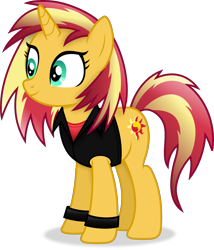 Size: 3603x4207 | Tagged: safe, artist:anime-equestria, derpibooru import, sunset shimmer, unicorn, alternate hairstyle, clothes, female, horn, jacket, mare, simple background, smiling, solo, transparent background, vector, wristband