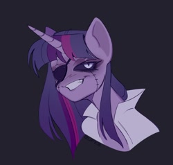 Size: 1136x1080 | Tagged: safe, artist:mupka, derpibooru import, twilight sparkle, unicorn twilight, pony, unicorn, alternate universe, black background, black sclera, bust, clothes, eyepatch, eyeshadow, female, makeup, mare, portrait, shirt, simple background, smiling, solo, stitches