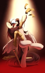 Size: 1200x1920 | Tagged: safe, artist:kebchach, derpibooru import, oc, oc only, pegasus, pony, bipedal, cane, chest fluff, clothes, glowing, glowing eyes, gold, gold bar, jacket, looking at you, money, pegasus oc, rich, scar, solo, spotlight, standing, standing on one leg