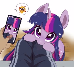 Size: 3174x2894 | Tagged: safe, artist:potetecyu_to, derpibooru import, twilight sparkle, unicorn twilight, human, pony, unicorn, begging, cellphone, cute, daaaaaaaaaaaw, drool, emoji, female, floating heart, heart, looking at you, mare, offscreen character, phone, pictogram, pov, smartphone, solo focus, twiabetes, weapons-grade cute