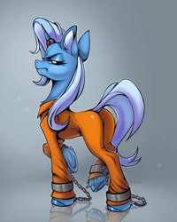 Size: 1100x1377 | Tagged: safe, artist:rozmed, derpibooru import, trixie, pony, unicorn, butt, clothes, cufflinks, cuffs, grumpy, horn, horn ring, jumpsuit, magic suppression, never doubt rainbowdash69's involvement, plot, prison outfit, prisoner, ring, shackles, solo