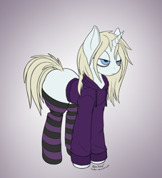 Size: 1000x1100 | Tagged: safe, artist:jessijinx, oc, oc only, oc:synthwave, pony, unicorn, /mlp/, 4chan, bags under eyes, blonde, blonde mane, blonde tail, bored, butt, clothes, clothing, dock, eyelashes, femboy, girly, hoodie, large butt, male, neet, sketch, socks, solo, stallion, standing, thunder thighs, tired, trap, wide hips