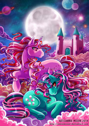 Size: 636x900 | Tagged: safe, artist:anniemsson, derpibooru import, fizzy, galaxy (g1), pony, twinkle eyed pony, unicorn, g1, cloud, dream castle, female, mare, moon