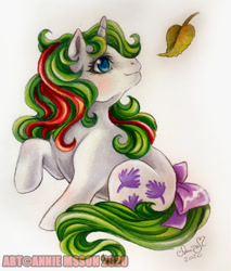 Size: 800x937 | Tagged: safe, artist:anniemsson, derpibooru import, baby gusty, pony, unicorn, g1, female, filly, foal, leaf