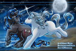 Size: 900x601 | Tagged: safe, artist:anniemsson, derpibooru import, oc, oc only, pony, unicorn, g1, beach, horn, horns are touching, moon