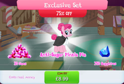 Size: 1266x860 | Tagged: safe, derpibooru import, idw, pinkie pie, earth pony, pony, anti-sugar league, anti-sugar pinkie pie, bundle, costs real money, english, female, gameloft, gameloft interpretation, gem, idw showified, mare, numbers, official, sale, solo, solo focus, table, text