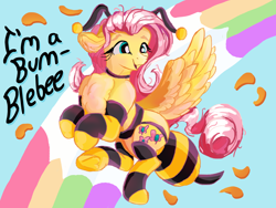 Size: 3200x2400 | Tagged: safe, artist:br0via, derpibooru import, fluttershy, pegasus, pony, animal costume, bee costume, chest fluff, clothes, costume, cute, female, flutterbee, mare, open mouth, open smile, rainbow, shyabetes, smiling, socks, solo, striped socks