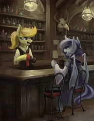 Size: 3165x4096 | Tagged: safe, artist:blvckmagic, derpibooru import, oc, oc only, bat pony, earth pony, pony, bar, bartender, bat pony oc, bat wings, button-up shirt, chair, cloak, clothes, female, hood, robe, smiling, talking, tankard, tavern, vest, wings