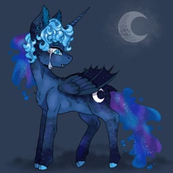 Size: 1024x1024 | Tagged: safe, artist:brot-art, artist:clownbread1, derpibooru import, princess luna, alicorn, pony, alternate design, alternate universe, crescent moon, crying, fangs, female, hybrid wings, mare, moon, profile, sad, side view, solo, story included, wings