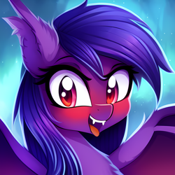 Size: 2048x2048 | Tagged: safe, derpibooru exclusive, derpibooru import, editor:ramprover, generator:purplesmart.ai, generator:stable diffusion, machine learning generated, oc, oc only, bat pony, pony, bat pony oc, bat wings, bedroom eyes, blue background, blushing, bust, chest fluff, cute, ear fluff, ears, eyebrows, fangs, female, high res, looking at you, mare, ocbetes, open mouth, open smile, portrait, simple background, smiling, smiling at you, solo, spread wings, tongue, tongue out, unnamed oc, wings