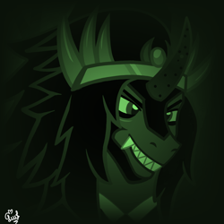 Size: 1080x1080 | Tagged: safe, artist:flutteryaylove, derpibooru import, king sombra, pony, green background, simple background, smiling, the crystal empire 10th anniversary