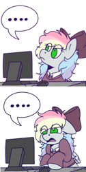 Size: 498x988 | Tagged: safe, artist:bluemoon, derpibooru import, oc, oc only, oc:blazey sketch, pegasus, pony, ..., bow, clothes, comic, commission, computer, computer reaction faces, cringing, gift art, hair bow, multicolored hair, simple background, small wings, solo, sweater, white background, wings