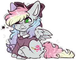 Size: 1002x797 | Tagged: safe, artist:heartsketch1, derpibooru import, oc, oc:blazey sketch, pegasus, pony, blushing, bow, clothes, commission, gift art, green eyes, grey fur, hair bow, multicolored hair, one eye closed, outline, simple background, sitting, solo, sweater, transparent background, white outline, wink, ych result