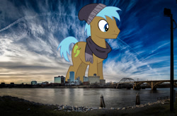 Size: 2048x1346 | Tagged: safe, artist:dragonchaser123, artist:jaredking779, derpibooru import, neigh sayer, earth pony, pony, arkansas, background pony, beanie, city, clothes, giant pony, giant/macro earth pony, hat, highrise ponies, irl, little rock, macro, male, mega giant, photo, ponies in real life, scarf, stallion