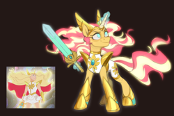 Size: 3000x2000 | Tagged: safe, artist:jewellier, derpibooru import, sunset shimmer, pony, unicorn, adora, alternate hairstyle, armor, clothes, cosplay, costume, crossover, female, flowing mane, glowing, glowing horn, golden armor, horn, jewelry, levitation, magic, magic aura, mare, scene interpretation, screencap reference, she-ra, she-ra and the princesses of power, shoes, solo, sword, telekinesis, tiara, weapon