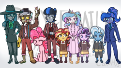 Size: 1920x1080 | Tagged: safe, artist:ca(oh)2, derpibooru import, discord, king sombra, pinkie pie, princess celestia, princess luna, queen chrysalis, starlight glimmer, sunset shimmer, trixie, earth pony, human, pony, equestria girls, anime, anya forger, becky blackbell, bond forger, crossover, damian desmond, equestria girls-ified, eyes closed, franky franklin, good king sombra, loid forger, looking at you, one of these things is not like the others, parody, smiling, spy x family, sylvia sherwood, yor forger, younger