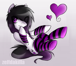 Size: 1500x1300 | Tagged: safe, artist:zeffdakilla, derpibooru import, oc, oc only, earth pony, arm warmers, black hair, black mane, clothes, cute, ear piercing, earring, emo, female, floating, heart, jewelry, looking at you, piercing, raised hoof, raised leg, scene, scene kid, simple background, smiling, socks, solo, striped socks, unnamed oc, white fur