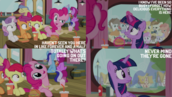 Size: 4400x2475 | Tagged: safe, derpibooru import, edit, edited screencap, editor:quoterific, screencap, alula, apple bloom, berry punch, berryshine, dinky hooves, featherweight, gallop j. fry, goldengrape, minuette, noi, pinkie pie, pipsqueak, piña colada, pluto, scootaloo, sir colton vines iii, super funk, sweetie belle, train tracks (character), twilight sparkle, twilight sparkle (alicorn), alicorn, earth pony, pegasus, pony, unicorn, season 4, twilight time, burger, camera, colt, cutie mark crusaders, disappear, drink, female, filly, foal, food, frown, grin, hay burger, head tilt, looking at someone, magic, male, mare, observation, open mouth, open smile, restaurant, smiling, spying, stallion, telekinesis
