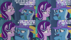 Size: 4400x2475 | Tagged: safe, derpibooru import, edit, edited screencap, editor:quoterific, screencap, starlight glimmer, trixie, pony, unicorn, to where and back again, cape, clothes, duo, duo female, encouragement, female, frown, hat, implied discord, lip bite, mare, nervous, open mouth, open smile, pointing, raised hoof, raised leg, smiling, trixie's cape, trixie's hat