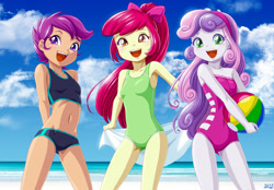 Size: 1200x834 | Tagged: safe, artist:uotapo, derpibooru import, apple bloom, scootaloo, sweetie belle, human, equestria girls, alternate hairstyle, apple bloom's bow, armpits, beach, beach ball, belly button, blushing, bow, clothes, cutie mark crusaders, female, hair bow, midriff, one-piece swimsuit, open mouth, swimsuit, towel, two-piece swimsuit