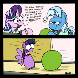 Size: 1583x1584 | Tagged: safe, artist:bobthedalek, derpibooru import, starlight glimmer, trixie, twilight sparkle, twilight sparkle (alicorn), alicorn, pony, unicorn, bowling alley, bowling ball, bowling pin, clothes, comic, shirt, smug