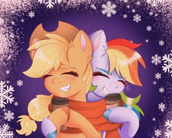 Size: 2428x1939 | Tagged: safe, artist:galaxy swirl, derpibooru import, applejack, rainbow dash, earth pony, pegasus, pony, appledash, clothes, female, scarf, shared clothing, shared scarf