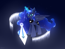 Size: 1800x1350 | Tagged: safe, artist:rejiser, derpibooru import, princess luna, alicorn, pony, female, glowing, glowing horn, horn, magic, magic circle, solo, sword, weapon