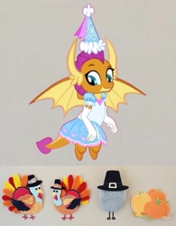 Size: 703x900 | Tagged: safe, artist:darlycatmake, derpibooru import, smolder, dragon, clothes, cute, decoration, dragoness, dress, female, flying, froufrou glittery lacy outfit, gloves, happy, hat, hennin, holiday, impressed, long gloves, looking down, princess, princess smolder, smiling, smolderbetes, thanksgiving