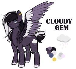 Size: 750x688 | Tagged: safe, artist:duskysketch, derpibooru import, oc, oc:cloudy gem, pegasus, cutie mark, ear piercing, earring, female, hair over one eye, jewelry, mare, pegasus oc, piercing, reference sheet, simple background, solo, white background