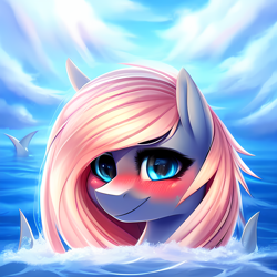 Size: 2048x2048 | Tagged: safe, derpibooru exclusive, derpibooru import, editor:ramprover, generator:purplesmart.ai, generator:stable diffusion, machine learning generated, oc, oc only, oc:sunken coral, original species, pony, shark, shark pony, bedroom eyes, blushing, cute, female, hiding, looking at you, mare, ocean, shark pony oc, smiling, solo, swimming, water