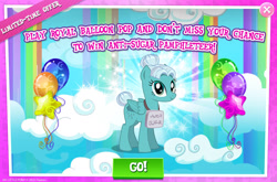 Size: 1962x1298 | Tagged: safe, derpibooru import, idw, pegasus, pony, anti-sugar league, balloon, english, female, folded wings, gameloft, idw showified, mare, official, rain parade, rainbow, sign, solo, solo focus, text, wings