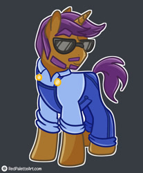 Size: 813x983 | Tagged: safe, artist:redpalette, derpibooru import, oc, unicorn, beard, clothes, facial hair, horn, male, overalls, stallion, sunglasses, unicorn oc