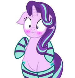 Size: 5044x5208 | Tagged: safe, alternate version, artist:mlpmvguy, derpibooru import, starlight glimmer, unicorn, bipedal, blushing, both cutie marks, chubby, clothes, cute, ears, female, floppy ears, frown, glimmerbetes, mare, raised leg, simple background, socks, solo, striped socks, transparent background, wide hips