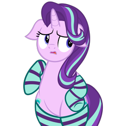 Size: 5044x5208 | Tagged: safe, alternate version, artist:mlpmvguy, derpibooru import, starlight glimmer, unicorn, bipedal, both cutie marks, chubby, clothes, cute, ears, female, floppy ears, frown, glimmerbetes, mare, raised leg, simple background, socks, solo, striped socks, transparent background, wide hips